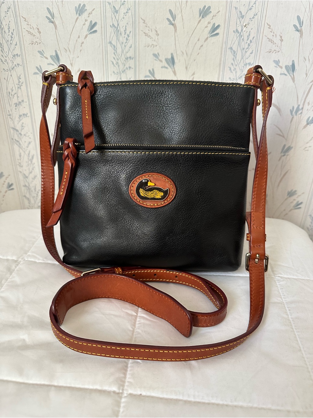 Dooney & Bourke Black Leather Crossbody With Brown Trim